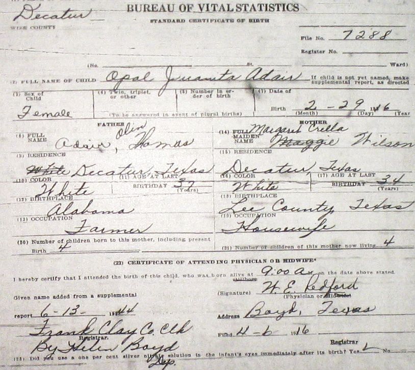 Wise County Birth Certificates (1900-1930's) Last Names A-G