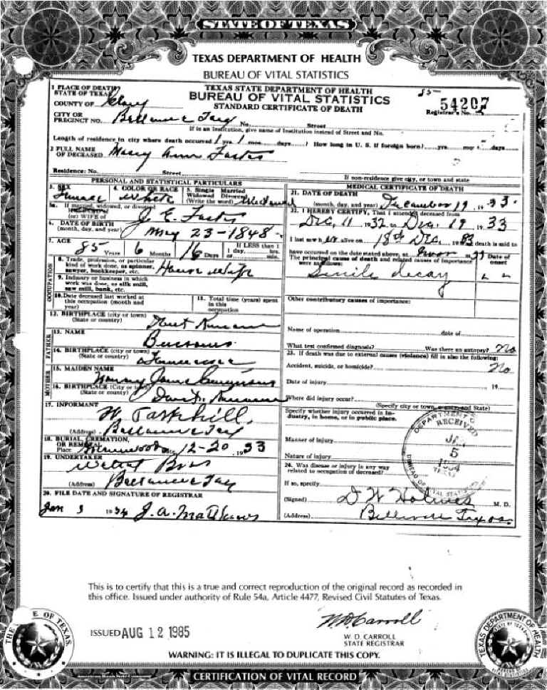 Mary Ann Foster Death Cert