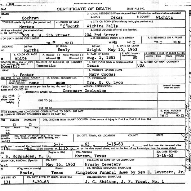 Martha Wright Death Cert